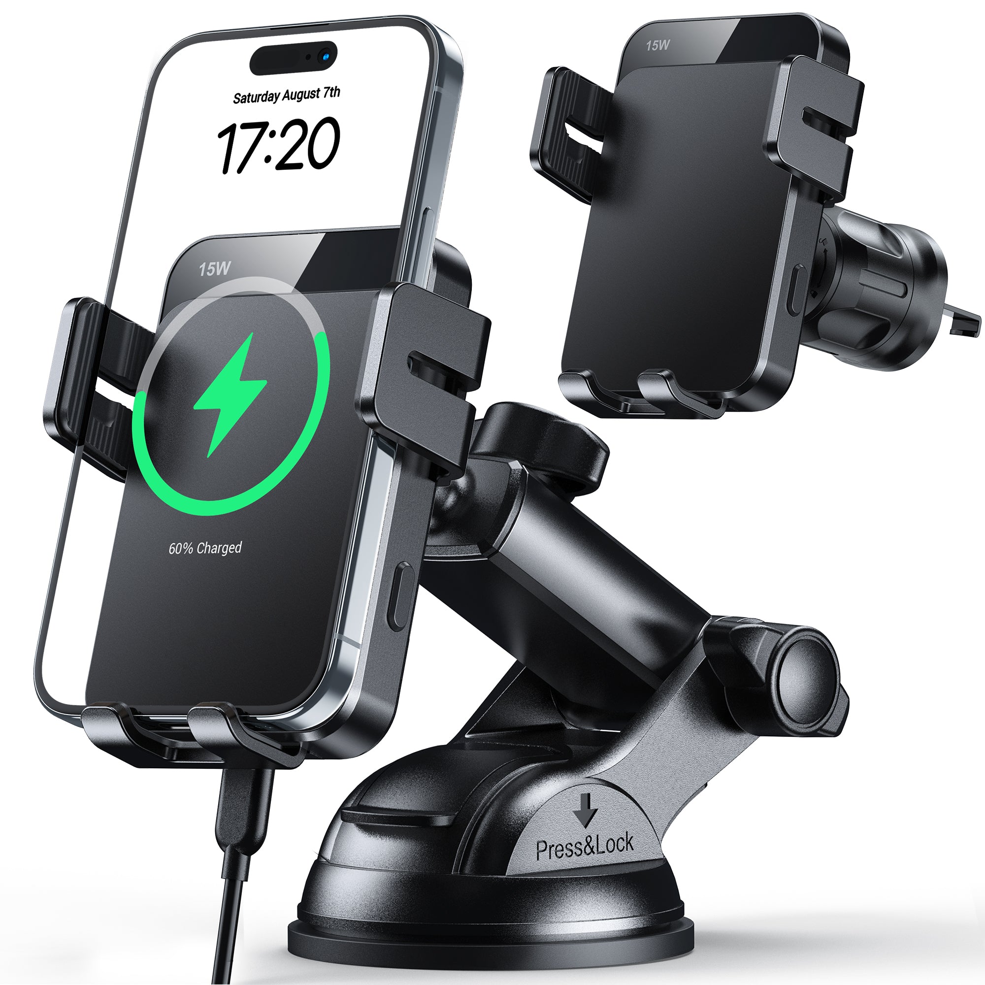 MOKPR 15W Wireless Car Charger, 3-in-1 Dash Windshield Vent Mount