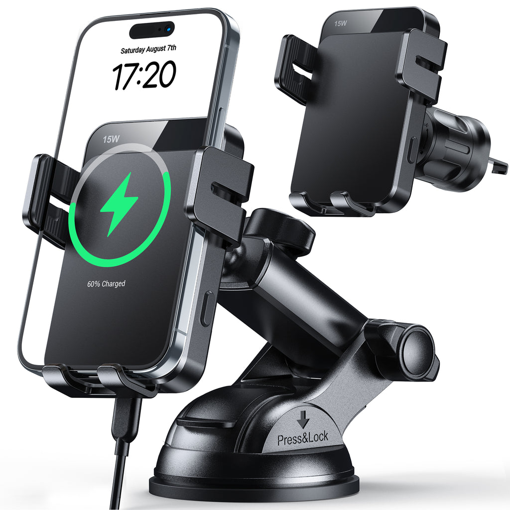 MOKPR 15W Wireless Car Charger, 3-in-1 Dash Windshield Vent Mount