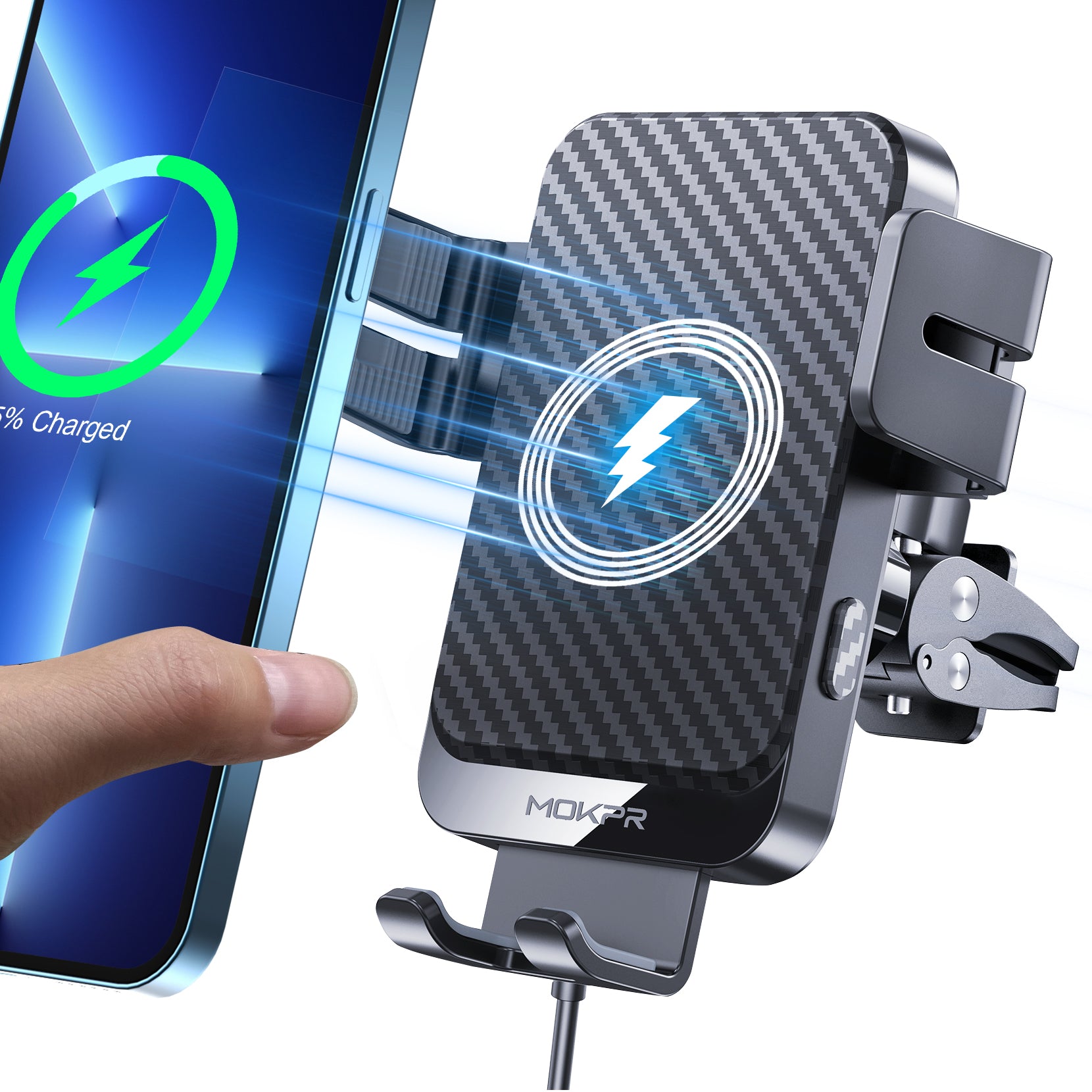 MOKPR 15W Wireless Car Charger, Carbon Fiber Auto-Clamping Mount
