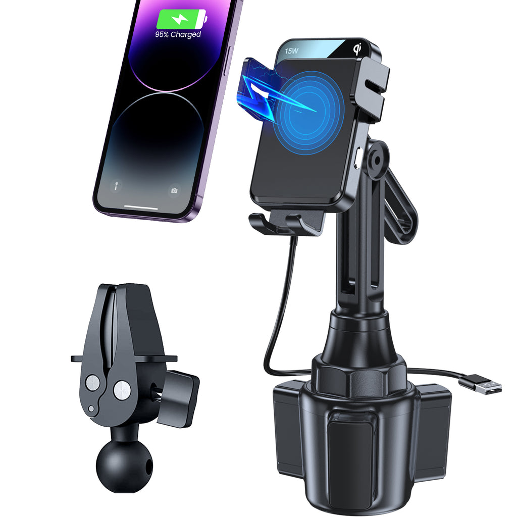 MOKPR 15W Wireless Car Charger, Cup Holder Mount with Telescopic Arm