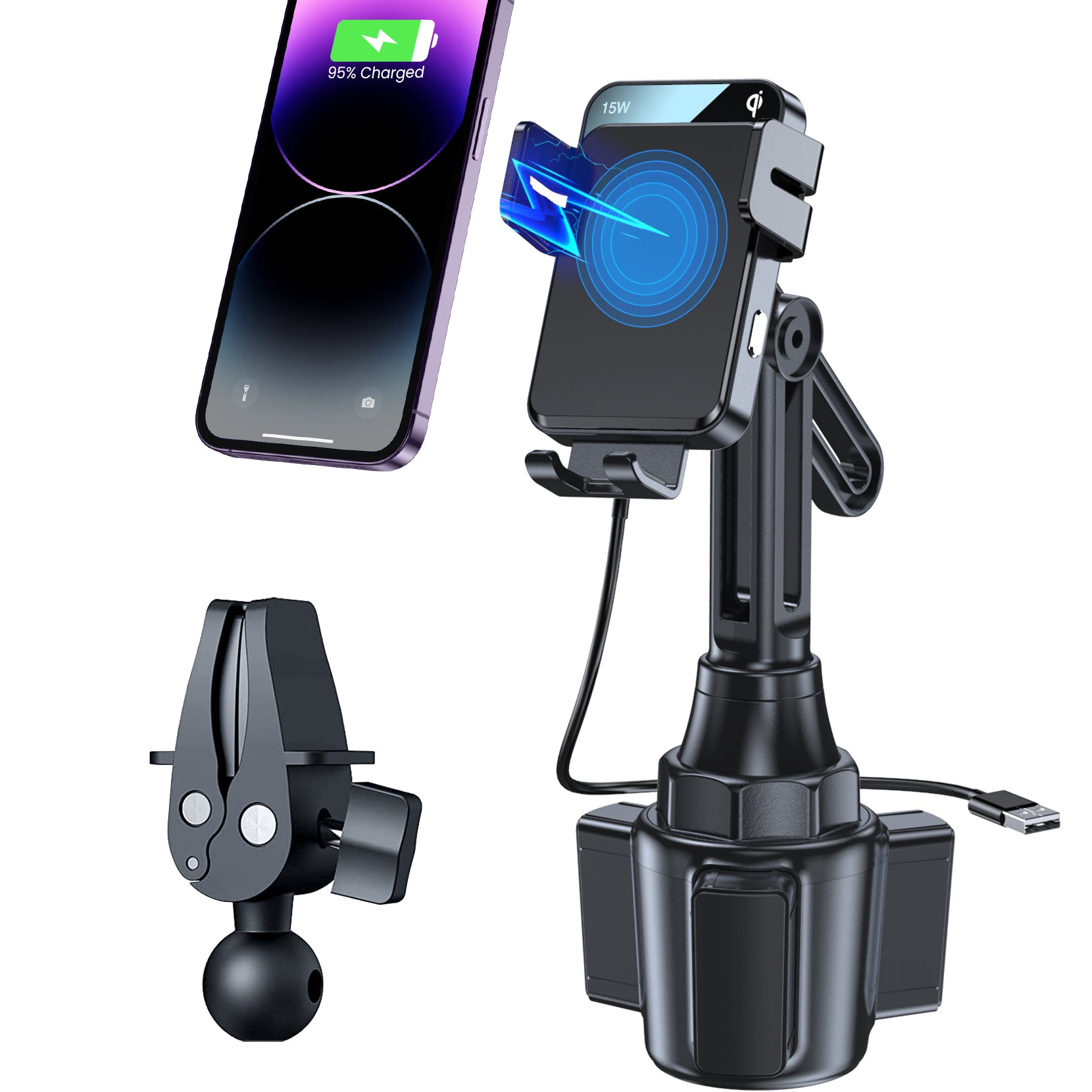 MOKPR 15W Wireless Car Charger, Cup Holder Mount with Telescopic Arm