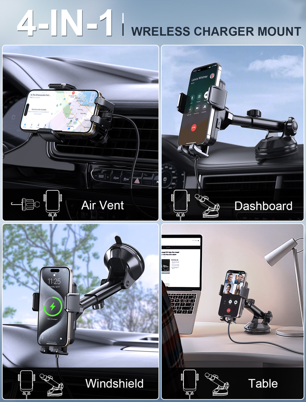MOKPR 15W Wireless Car Charger, Multi-Mount with LED Light