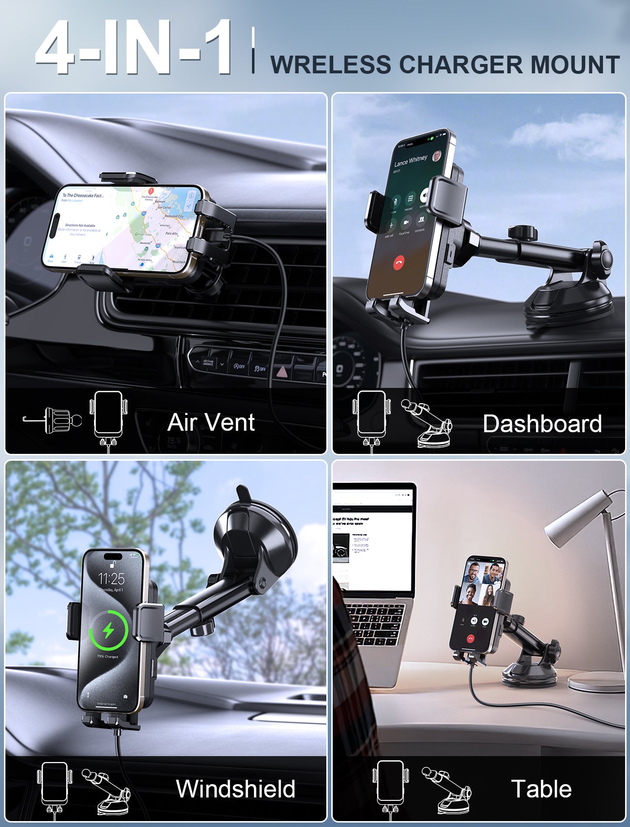 MOKPR 15W Wireless Car Charger, Multi-Mount with LED Light