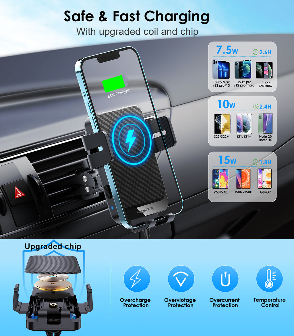 MOKPR 15W Wireless Car Charger, Carbon Fiber Auto-Clamping Mount