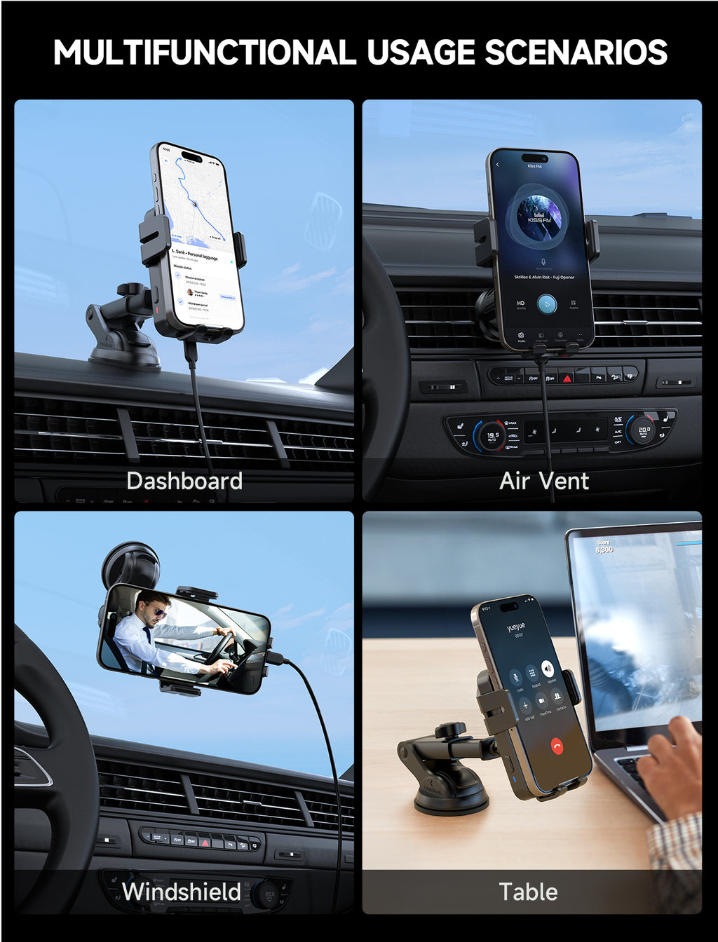 MOKPR 15W Wireless Car Charger, 3-in-1 Dash Windshield Vent Mount
