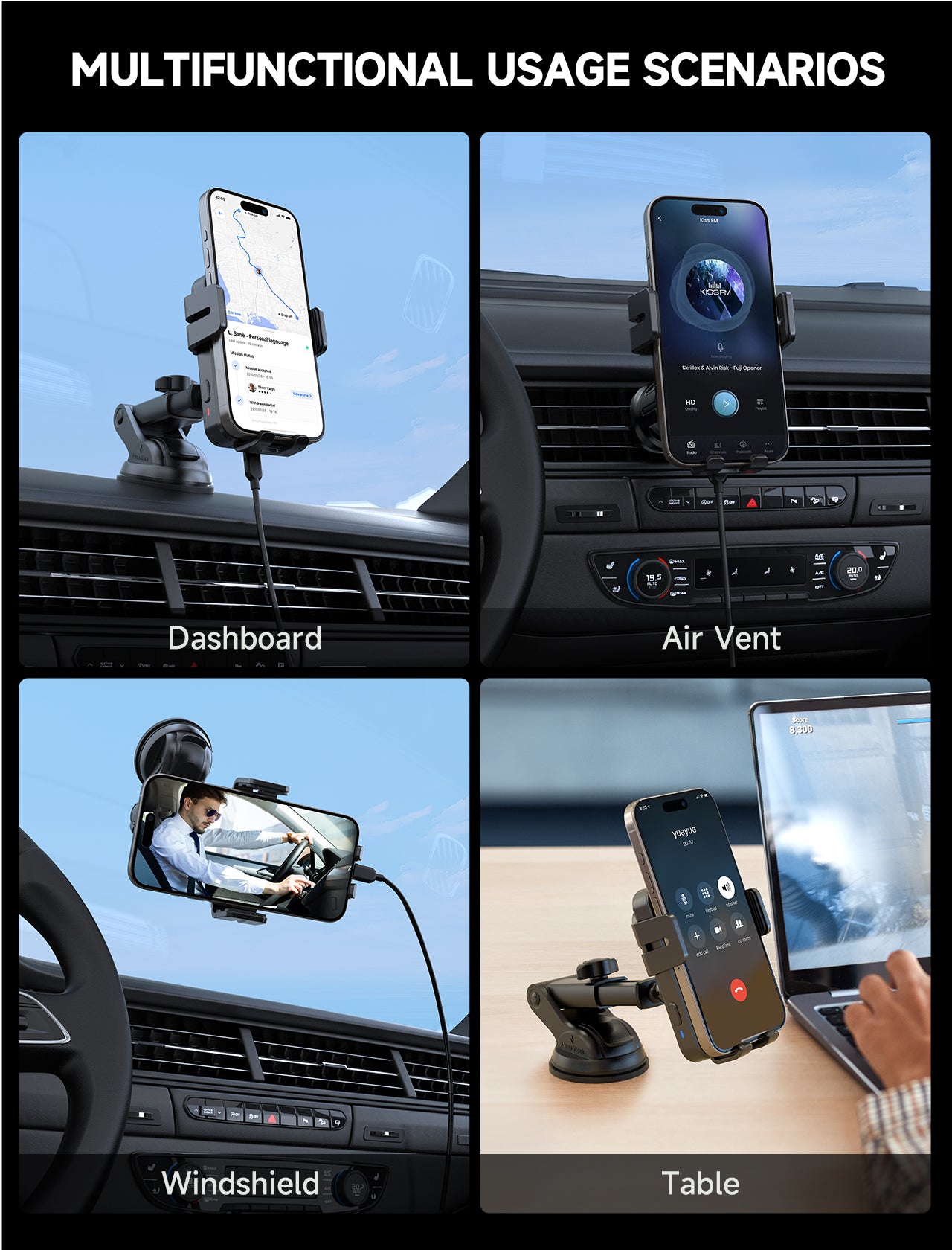 MOKPR 15W Wireless Car Charger, 3-in-1 Dash Windshield Vent Mount