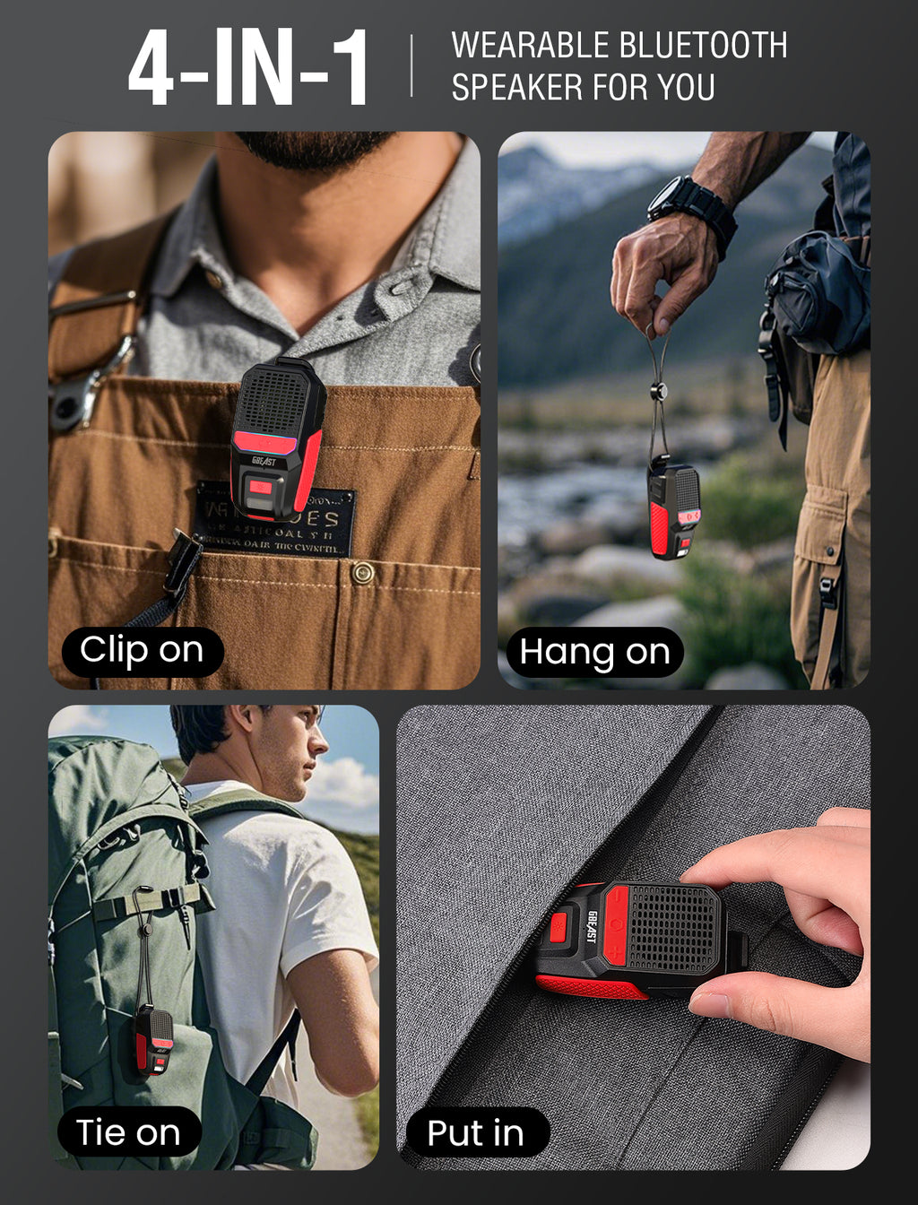 MOKPR Wearable Bluetooth Speaker, Clip-On IPX6 Waterproof