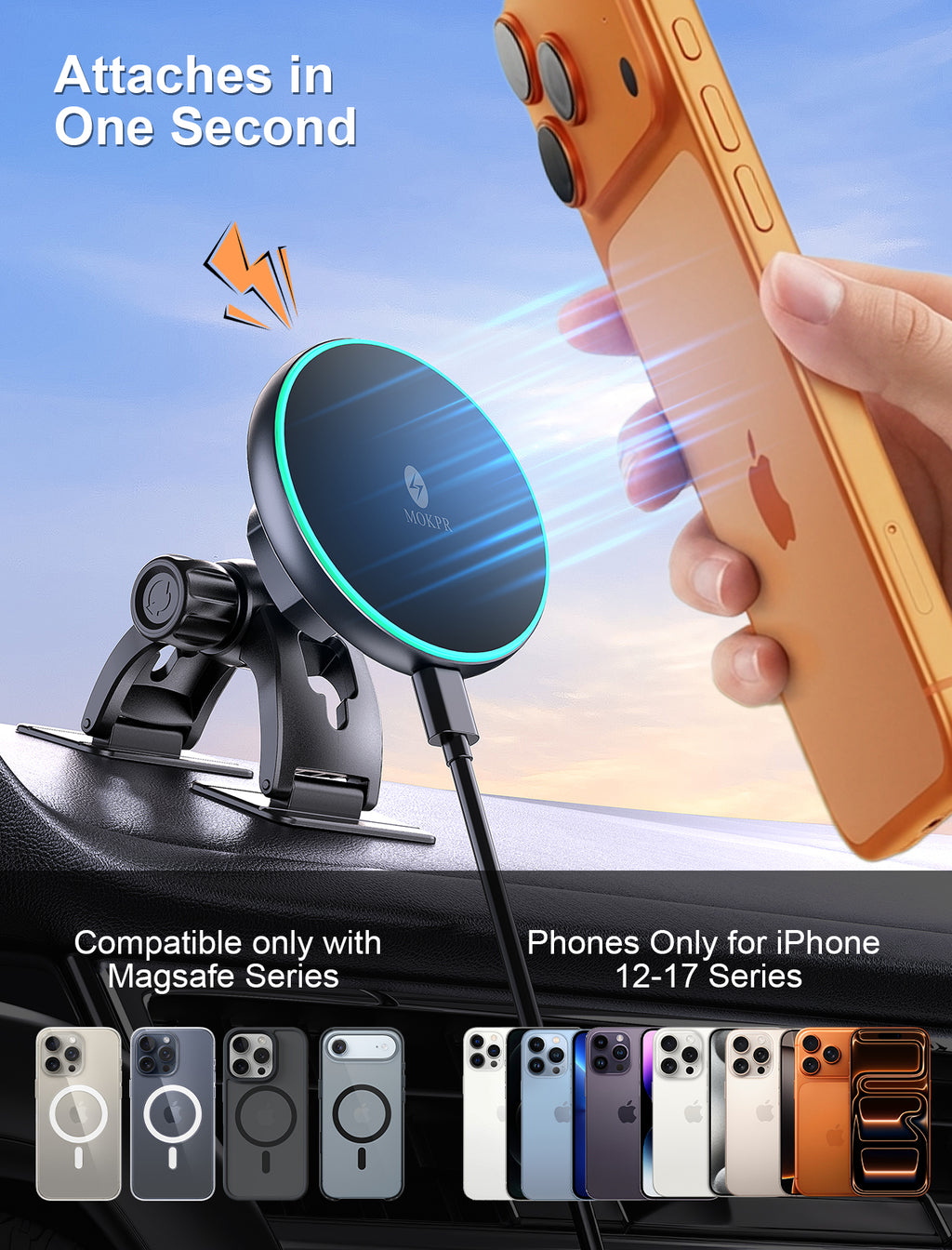 MOKPR MagSafe Car Charger with LED, Compatible with iPhone 12-17