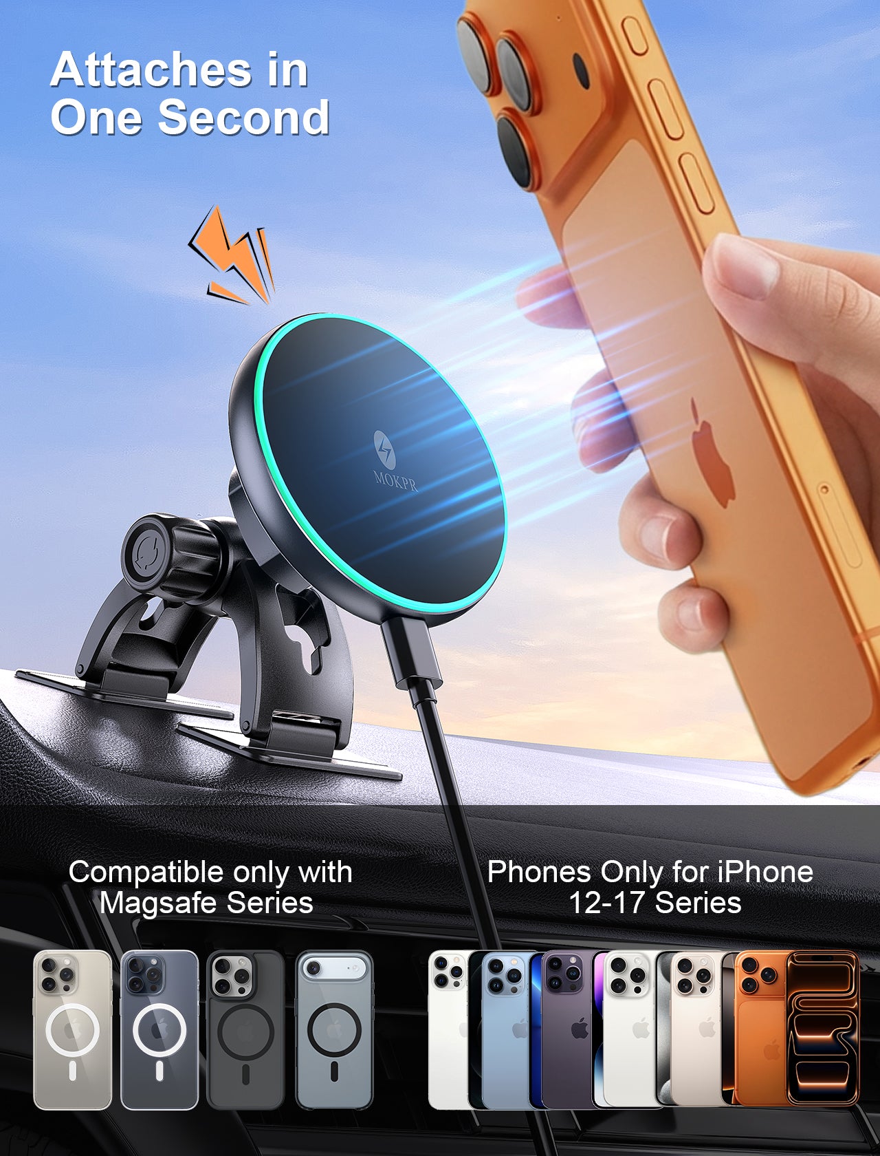 MOKPR MagSafe Car Charger with LED, Compatible with iPhone 12-17