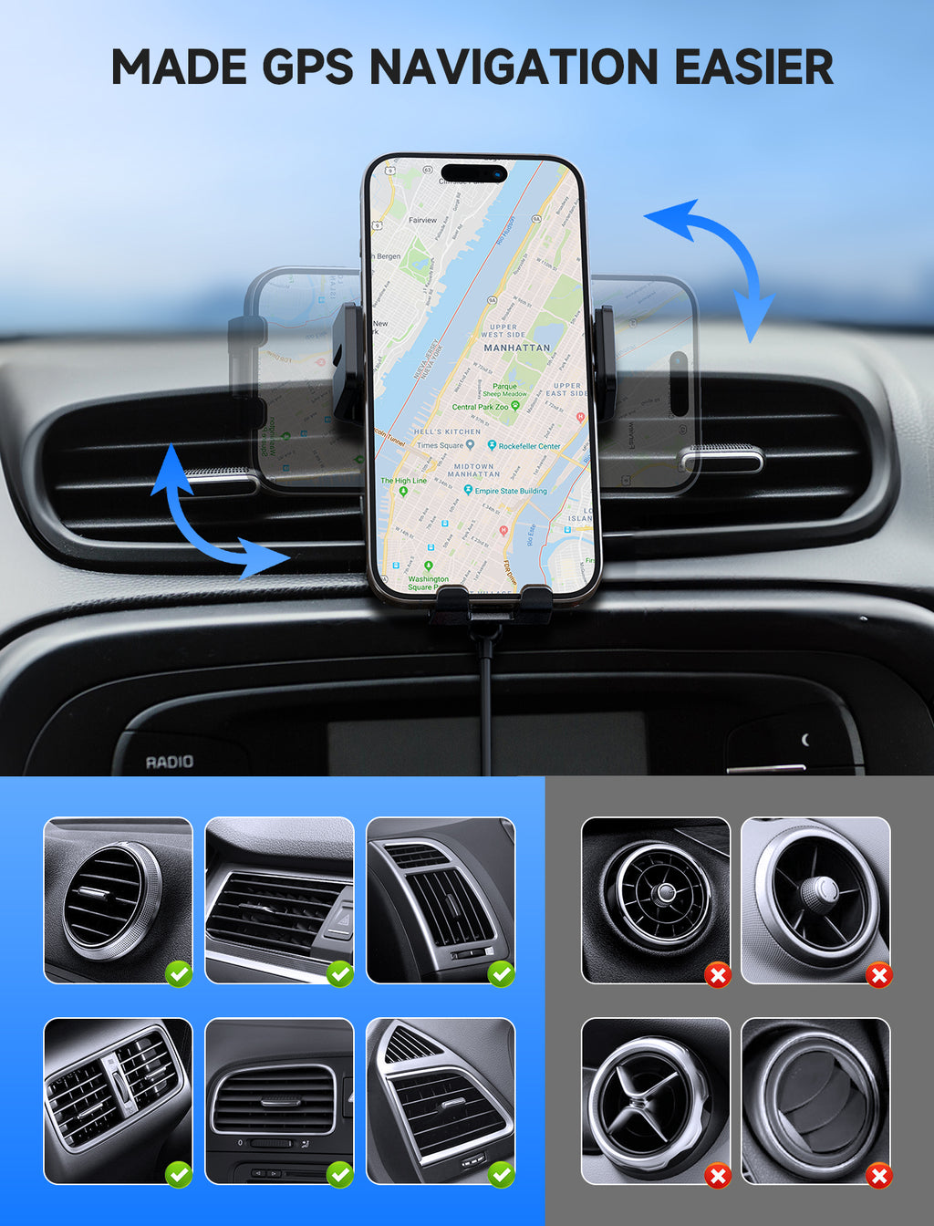 MOKPR 15W Wireless Car Charger, 3-in-1 Dash Windshield Vent Mount
