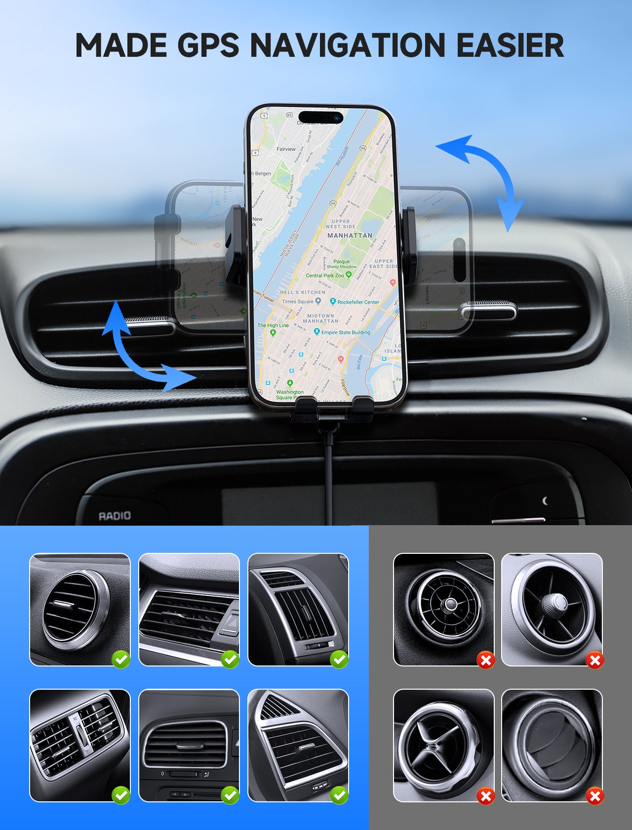 MOKPR 15W Wireless Car Charger, 3-in-1 Dash Windshield Vent Mount