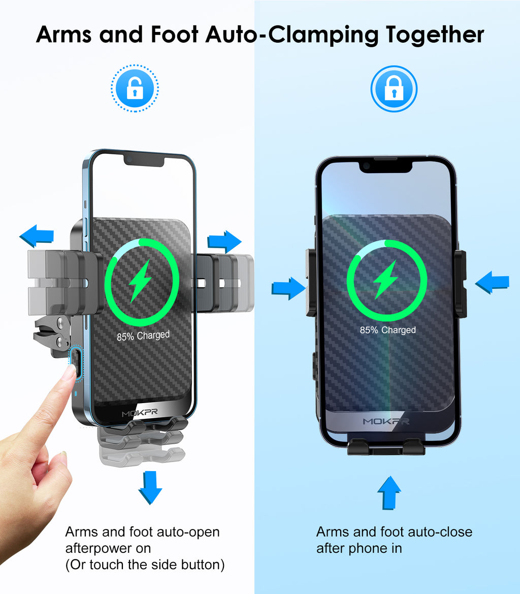 MOKPR 15W Wireless Car Charger, Carbon Fiber Auto-Clamping Mount