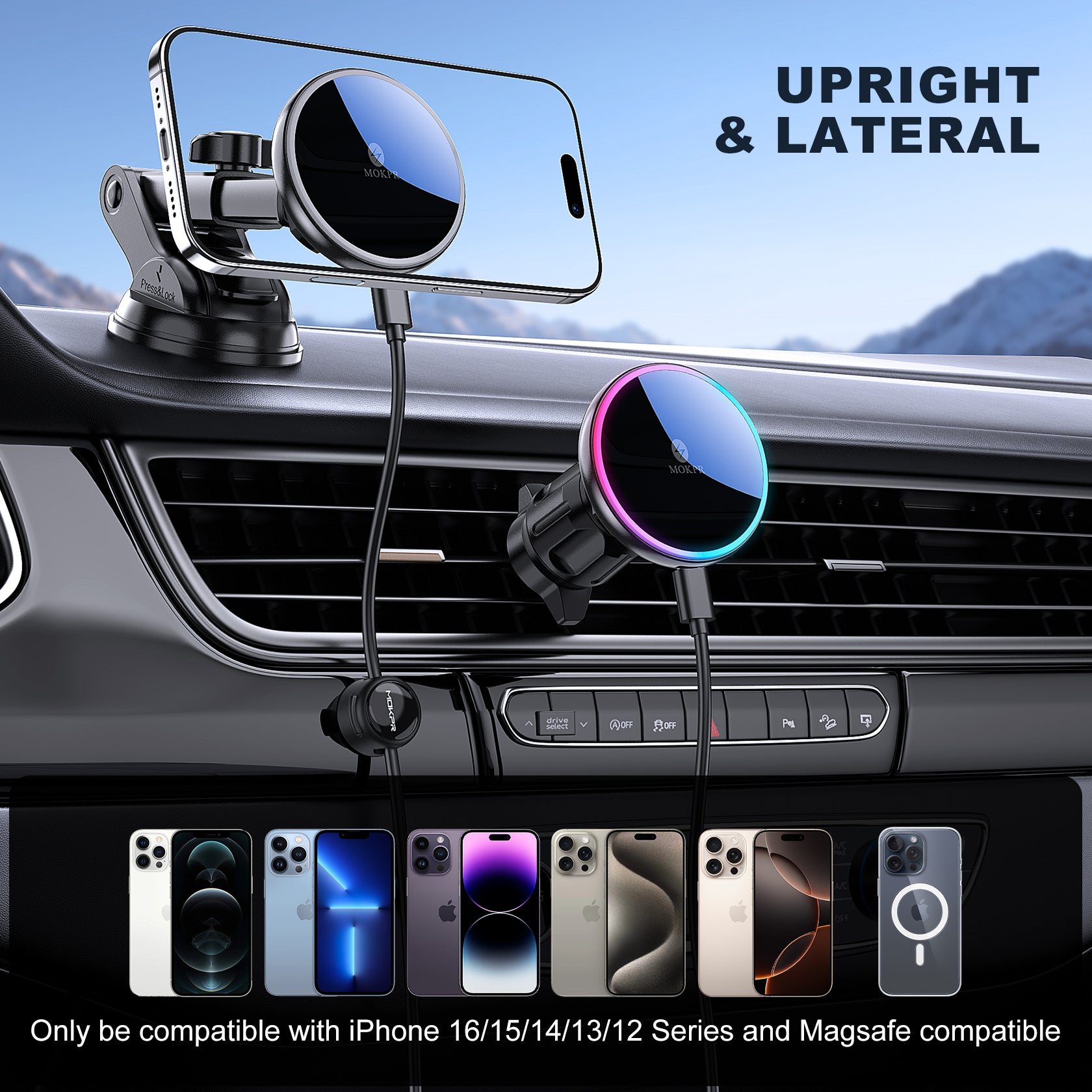MOKPR MagSafe Car Mount Charger, 3-in-1 Magnetic Phone Holder