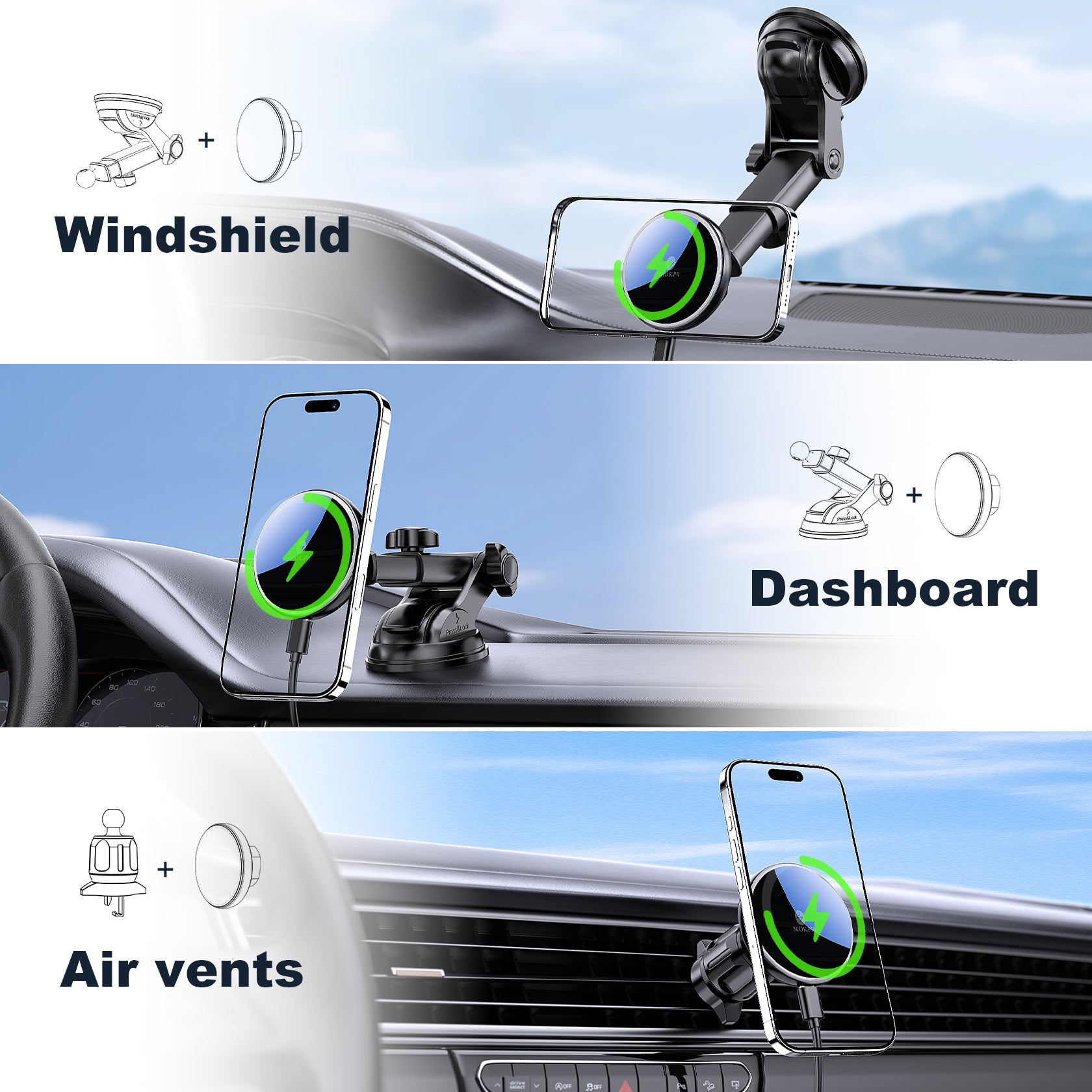 MOKPR MagSafe Car Mount Charger, 3-in-1 Magnetic Phone Holder