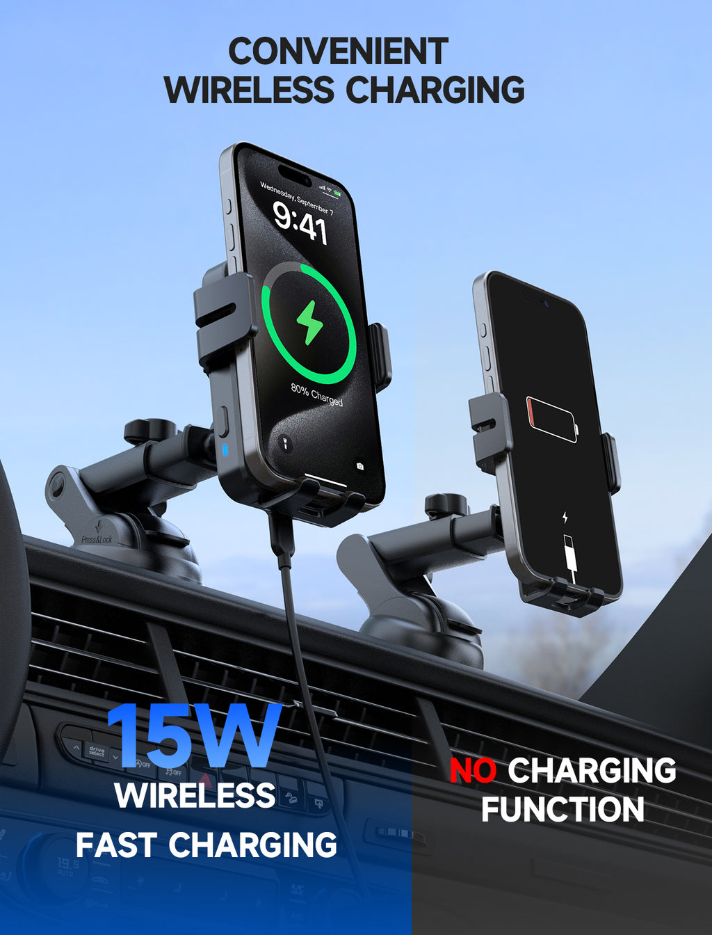 MOKPR 15W Wireless Car Charger, 3-in-1 Dash Windshield Vent Mount