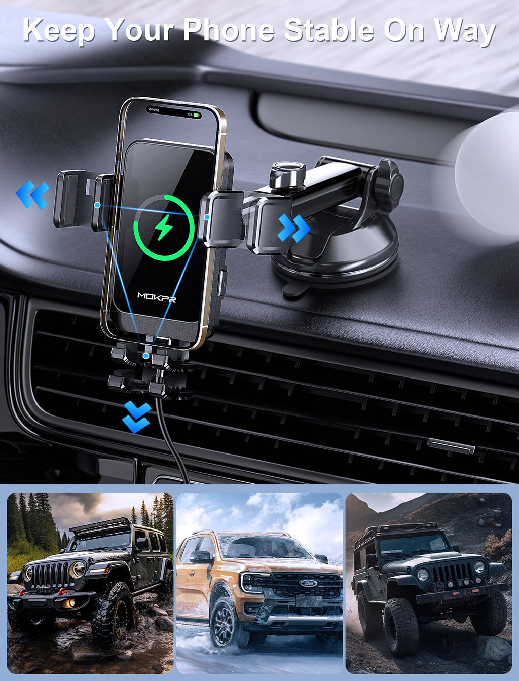 MOKPR 15W Wireless Car Charger, Multi-Mount with LED Light