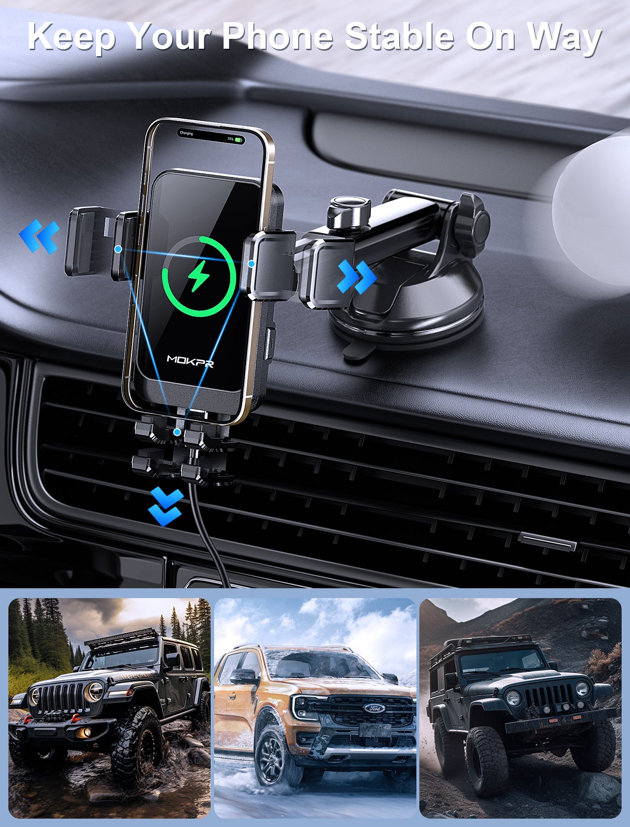 MOKPR 15W Wireless Car Charger, Multi-Mount with LED Light