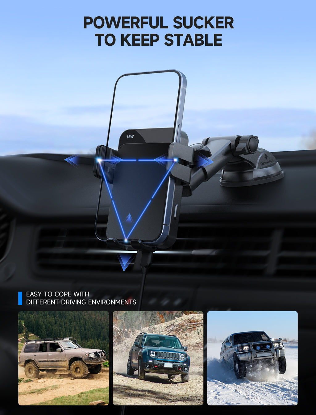 MOKPR 15W Wireless Car Charger, 3-in-1 Dash Windshield Vent Mount