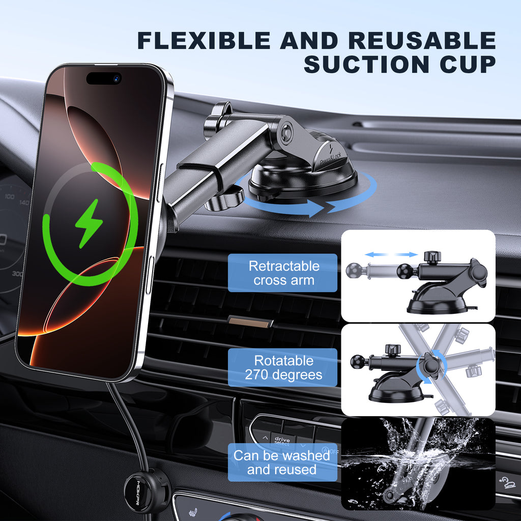 MOKPR MagSafe Car Mount Charger, 3-in-1 Magnetic Phone Holder