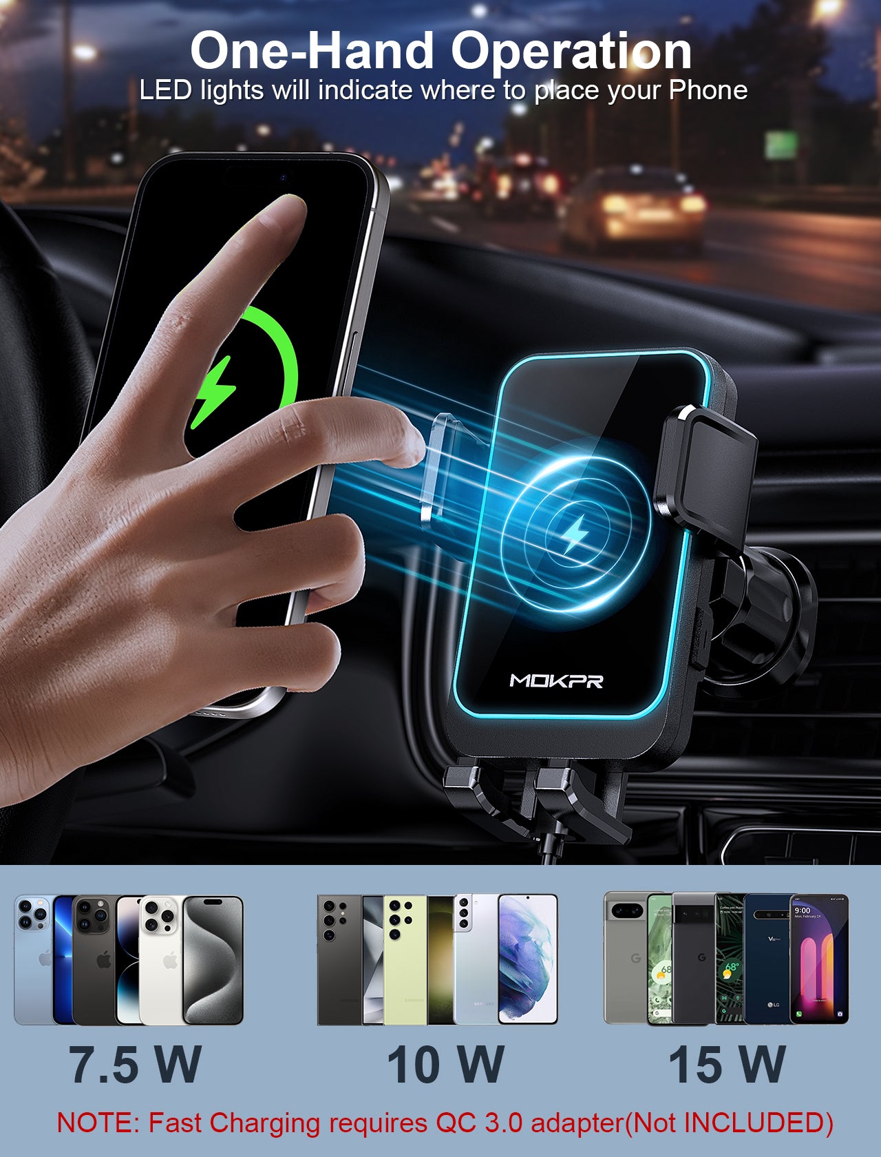 MOKPR 15W Wireless Car Charger, Multi-Mount with LED Light