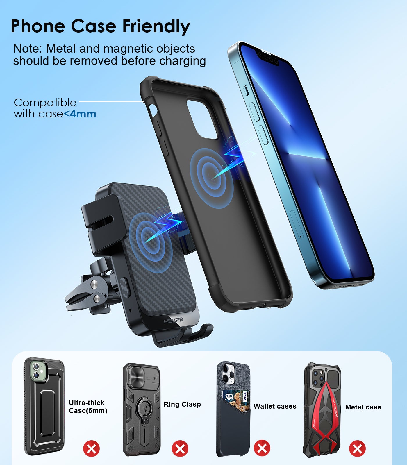 MOKPR 15W Wireless Car Charger, Carbon Fiber Auto-Clamping Mount