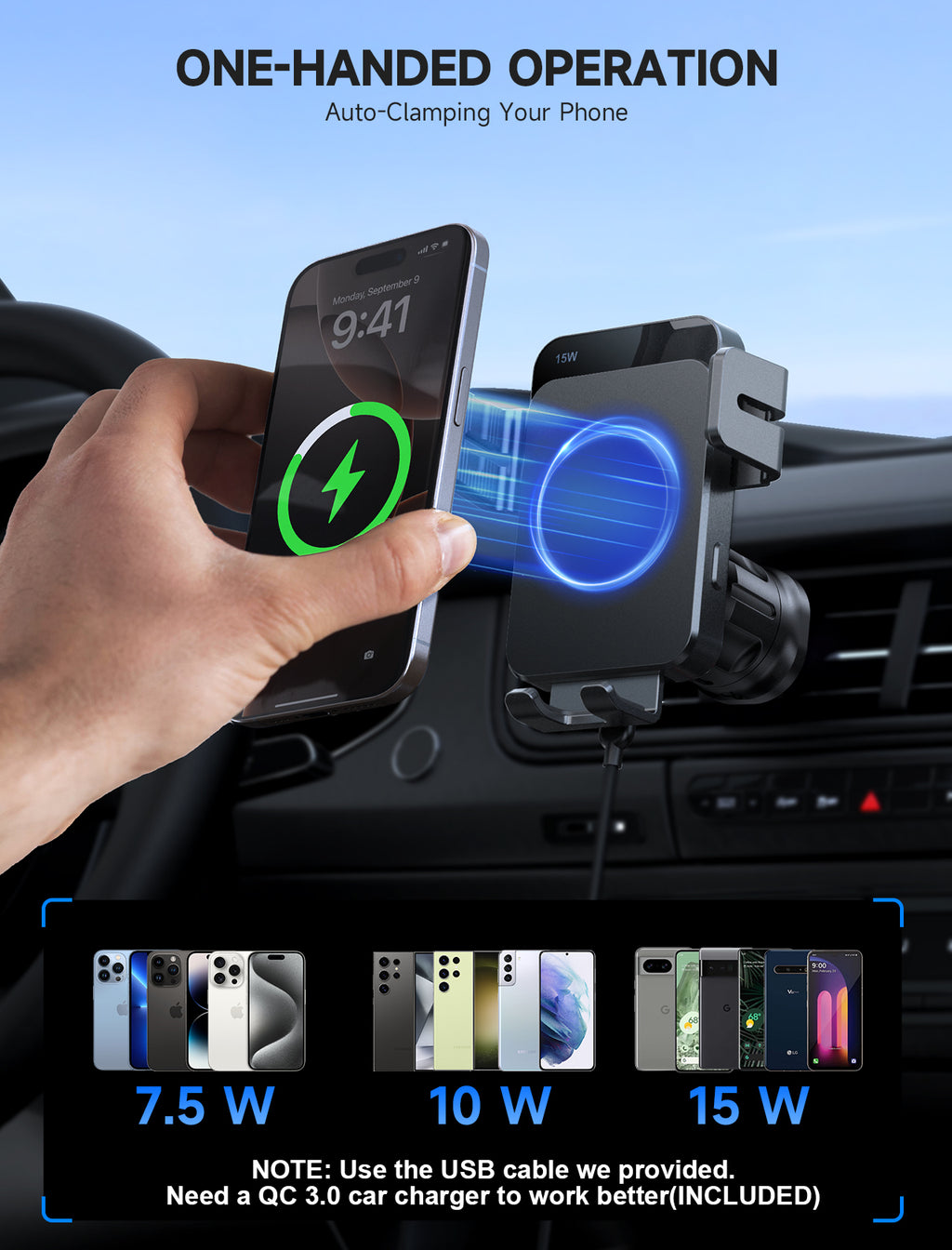 MOKPR 15W Wireless Car Charger, 3-in-1 Dash Windshield Vent Mount