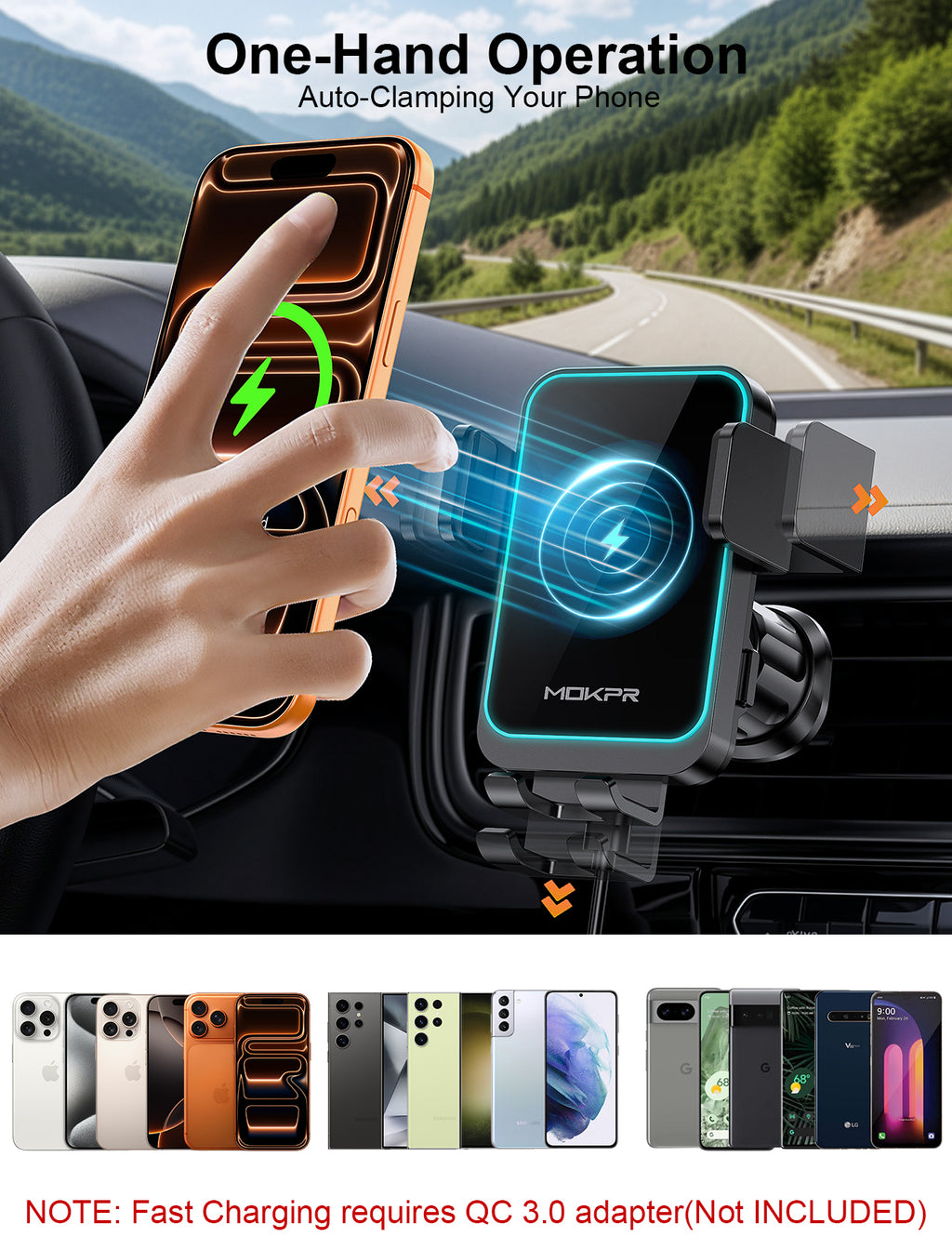MOKPR 15W Wireless Car Charger, Multi-Mount with Safety Protection