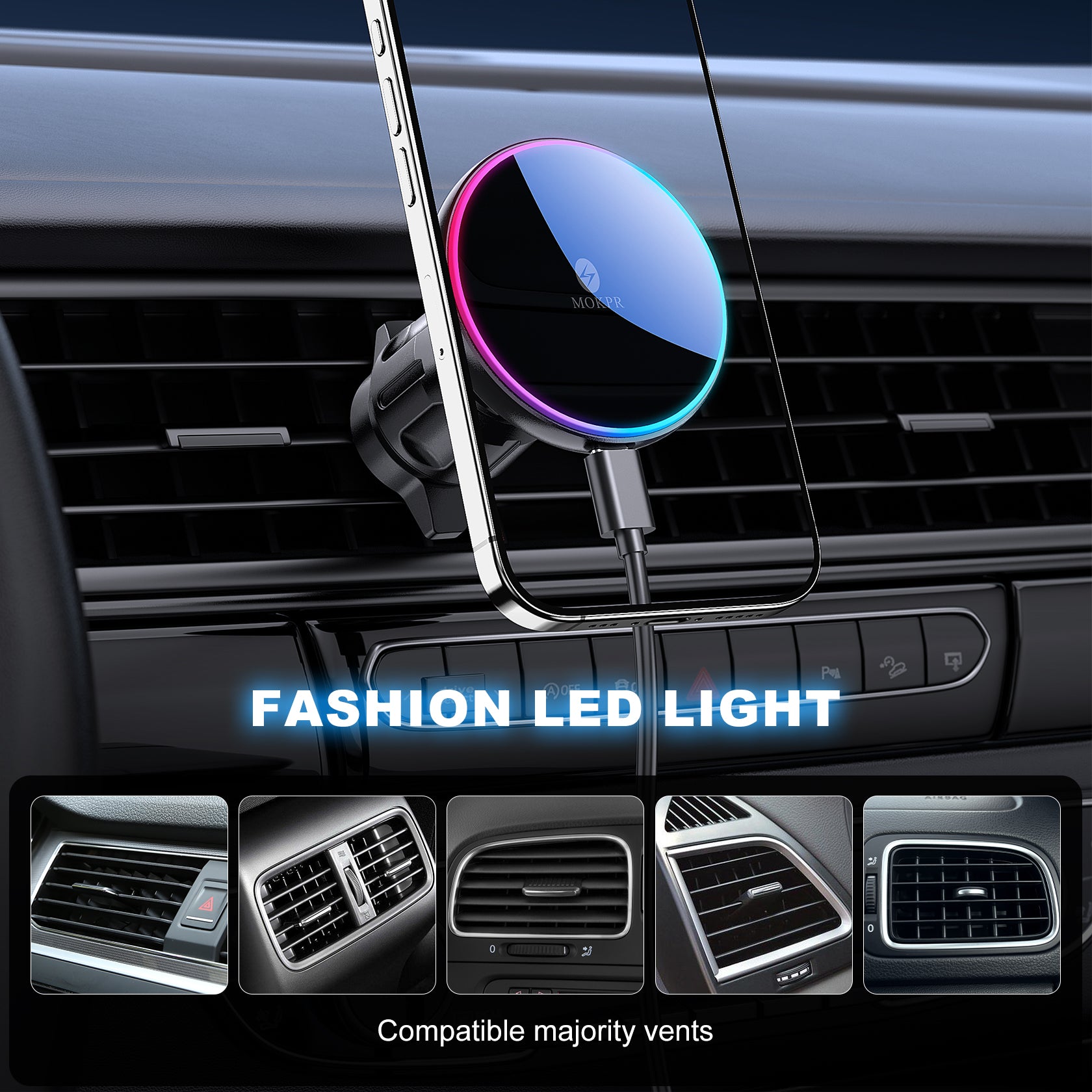 MOKPR MagSafe Car Mount Charger, 3-in-1 Magnetic Phone Holder
