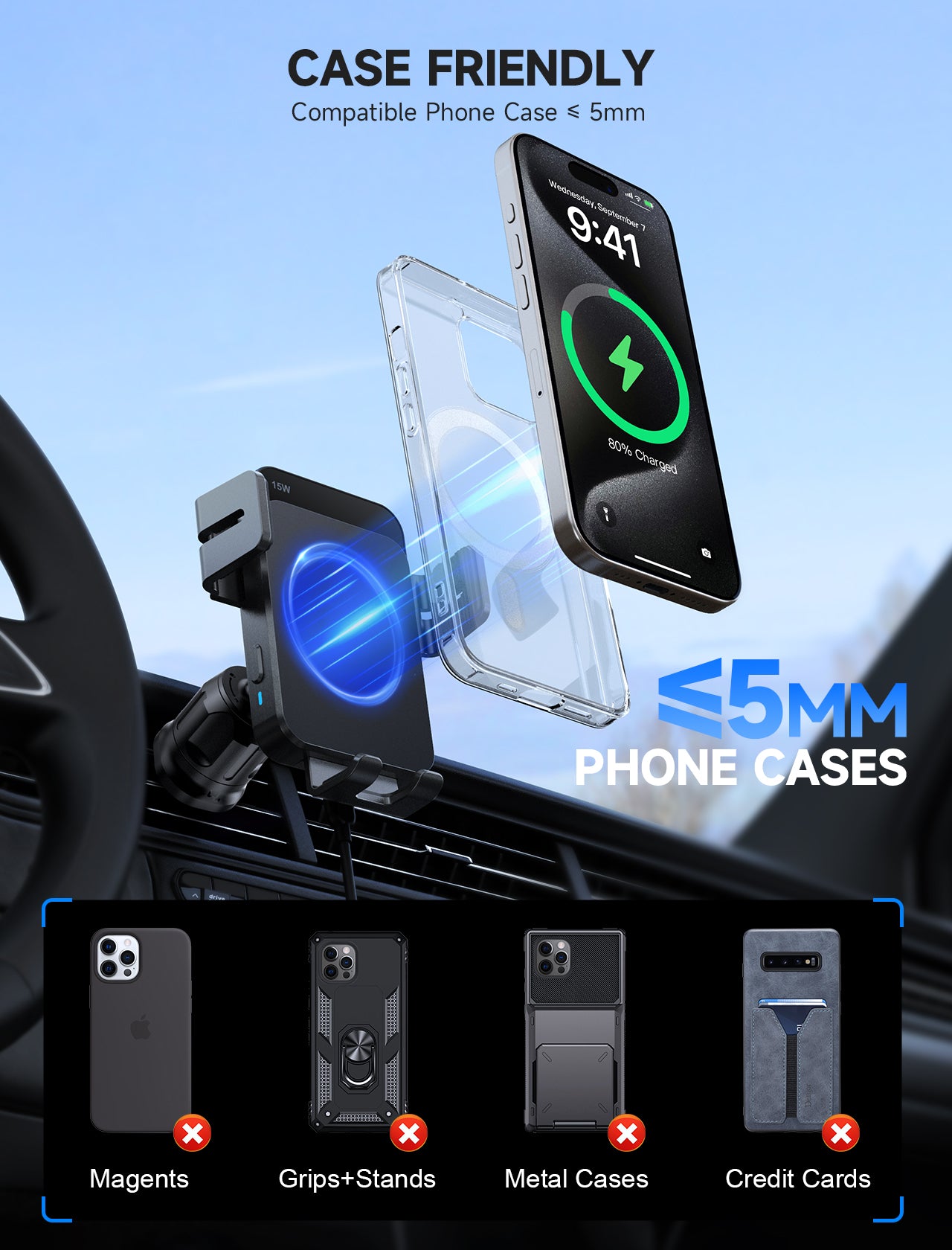 MOKPR 15W Wireless Car Charger, 3-in-1 Dash Windshield Vent Mount