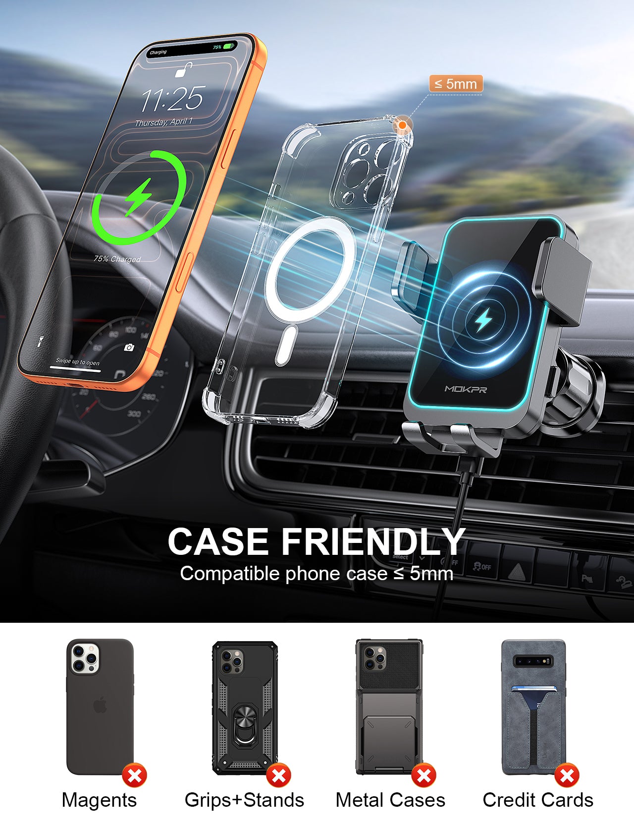 MOKPR 15W Wireless Car Charger, Multi-Mount with Safety Protection