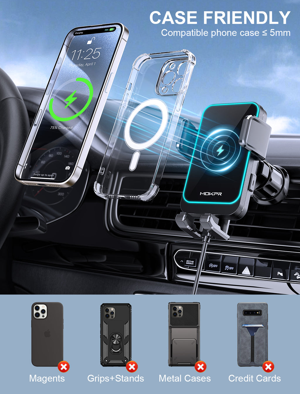 MOKPR 15W Wireless Car Charger, Multi-Mount with LED Light